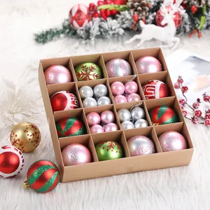 Boxed Christmas bauble ornaments set, colorful hanging balls for holiday tree decor.