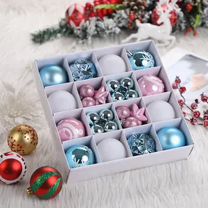 Christmas tree baubles ornament set detail view, colorful assorted hanging balls in white box.