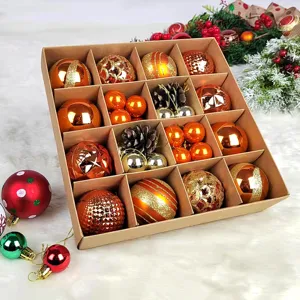 Christmas baubles set in a box, featuring copper and gold ornaments for holiday tree decoration.