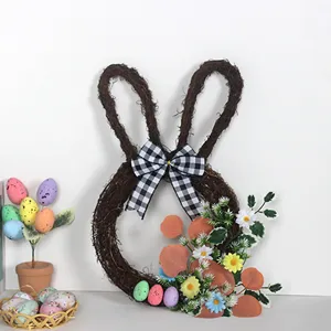 Easter rabbit ear vine wreath with plaid bow, perfect wall hanging decor for spring holiday party.