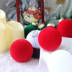 Flocked Christmas tree balls set, 8cm colorful round hanging ornaments for holiday decor.