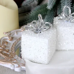 White glitter gift box Christmas tree ornaments festive decor pendants 8cm set new