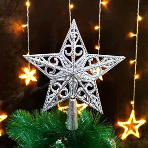 Puntero de arbol de Navidad estrella plateada hueca de cinco puntas decoracion festiva