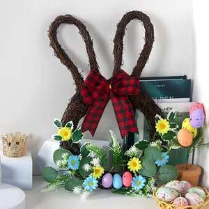 Easter bunny twig wreath with red plaid bow, artificial daisies and eggs for holiday door decor