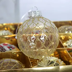 Transparente Weihnachtskugel aus Glas mit goldenem Glitzergittermuster, 8cm, 9er Set Box.