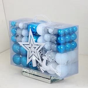 Weihnachtskugeln Set 102 Stueck mit PVC Griff Box fuer Christbaumschmuck blau silber