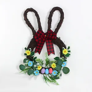 Easter bunny wreath twig floral door hanging home decoration with eggs and plaid bow