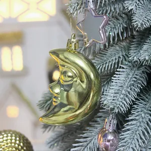 Golden moon Christmas tree hanging ornament, electroplated shiny holiday decoration.