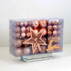 102 Stk. roségoldene Christbaumkugeln Set mit Sternspitze und transparenter PVC-Box