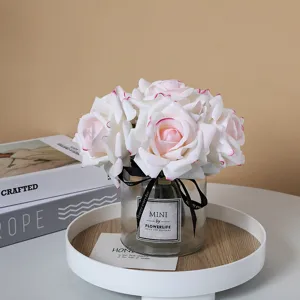 Artificial 5-head rolled rose bouquet with glass vase, perfect for home decor and wedding arrangement.