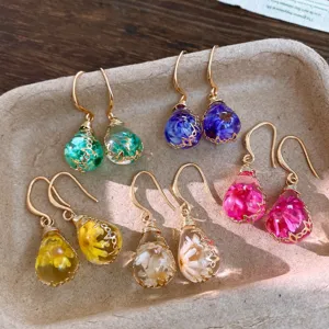 Bohemian resin dried flower teardrop earrings, colorful botanical charm earrings for women.
