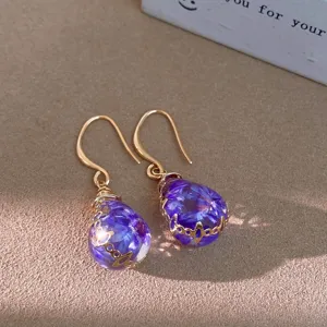 Bohemian resin dried flower teardrop earrings elegant gold plated hook fashion jewelry for women
