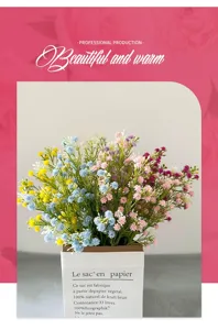 Detailed view of colorful artificial gypsophila flowers in a paper pot, perfect for home decor.
