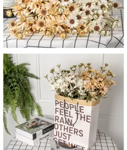 Close-up details of artificial chrysanthemum flower bouquets in home decor scenes and styled props.