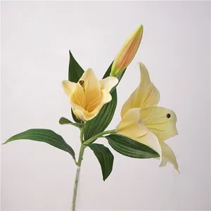Artificial lily flower detail close up, realistic floral stem, home decor display.