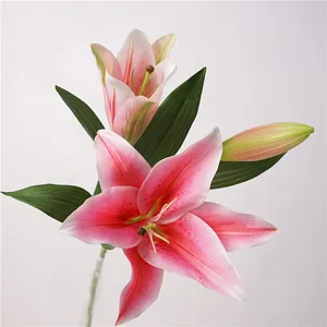 Detailed close-up of artificial pink lily flower, realistic petal texture for floral decor.