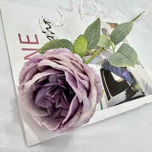 Artificial purple Austin rose single branch simulation flower for home decor and wedding arrangement.