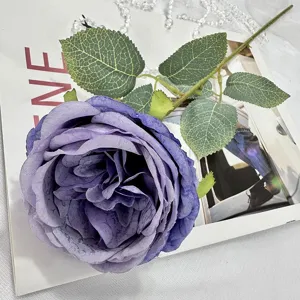Artificial purple Austin rose single branch fake flower for home decor wedding floral arrangement detail