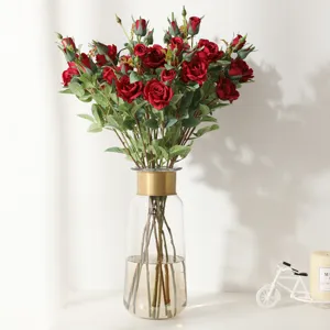 Artificial red rose bouquet in glass vase fake flowers for home wedding decoration