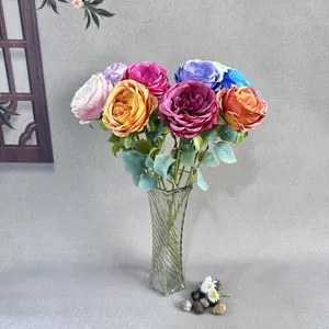 Artificial Austin rose flower bouquet in glass vase home desktop decoration ornament