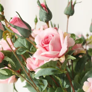 Artificial pink roses faux flowers bouquet home wedding decor single branch multi heads.