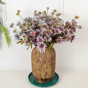 Artificial chrysanthemum flower bouquet with rustic ceramic vase for home wedding decor table centerpiece