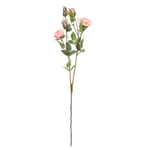 Artificial vintage pink rose single stem three heads fake flowers for home wedding decor.