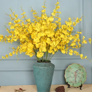 Artificial yellow dancing orchid flowers bouquet with ceramic vase for home wedding decor
