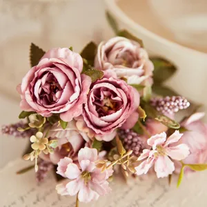 Artificial rose flower bouquet silk floral arrangement for home decor photography props.