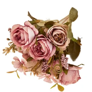 Artificial rose bouquet faux silk flowers vintage pink floral arrangement for home decor