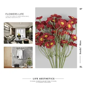 Red artificial daisy flower bouquet detail, Nordic style decorative floral prop for home decor.