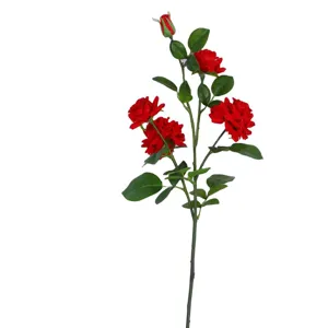 Premium artificial flannel red rose branch for wedding decoration and Valentine's Day display.
