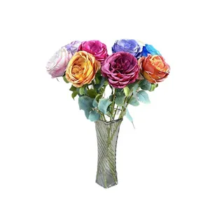 Artificial rose flower bouquet with glass vase for home decor and wedding table arrangement