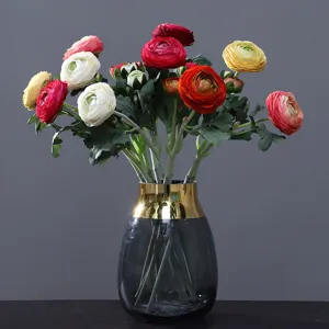 Artificial ranunculus flowers bouquet with gold neck glass vase home decor floral arrangement.