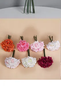 Detailed view of artificial 5-head rolled-edge rose flower bouquet in multiple vibrant colors.