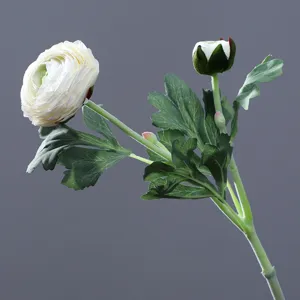 Artificial ranunculus flower branch with two heads and green leaves for home decor.
