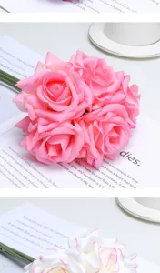 Artificial rose flower bouquet detail view, five-head pink curled design for home decor.