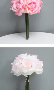 Close-up detail view of artificial pink gradient rose flower bouquet for elegant home decor.