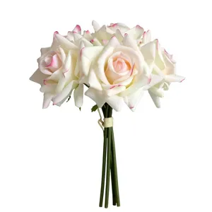 Artificial white rose bouquet with pink tips, 5 heads faux flowers for home decor wedding.