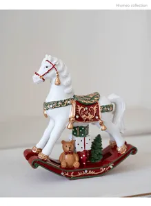Christmas resin rocking horse desktop ornament with cute bear and gift boxes for holiday decor.