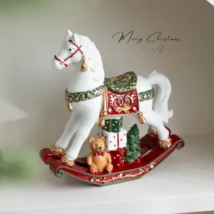 Christmas Resin Rocking Horse Desktop Ornament White Red Green Decor With Bear Tree Gift Box Tabletop Festive Decor Home Office Holiday Present