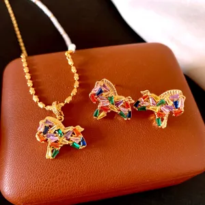 Korean style chic colorful pony necklace earrings set, exquisite fashion jewelry for women.