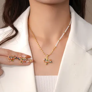 Korean style colorful crystal horse necklace pearl chain fashion jewelry set for women gift