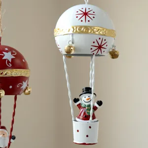 Christmas metal hot air balloon hanging ornament with cute snowman basket decor for tree.