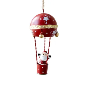 Christmas iron hot air balloon hanging pendant with cute Santa doll for tree decoration holiday.