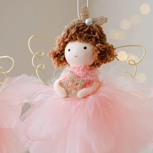 Christmas pink angel doll ornament with golden wings and mesh skirt for tree hanging decor