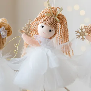 Bambola angelo di Natale sospesa con capelli trecciati e gonna in tulle bianco per decorare l'albero