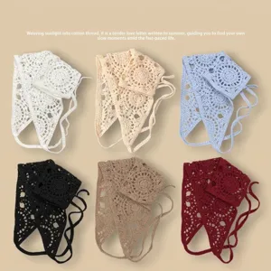 Detailed view of six colors of crochet sunflower pattern knitted triangular bandanas
