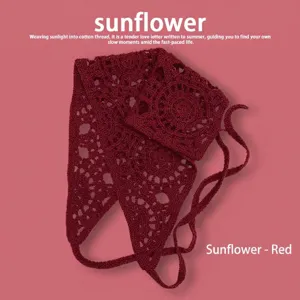 Handmade red crochet sunflower triangle hair scarf bandana for women, boho style accessory