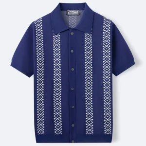 Marineblauer Kurzarm-Strick-Poloshirt mit vertikalen weißen geometrischen Jacquard-Mustern